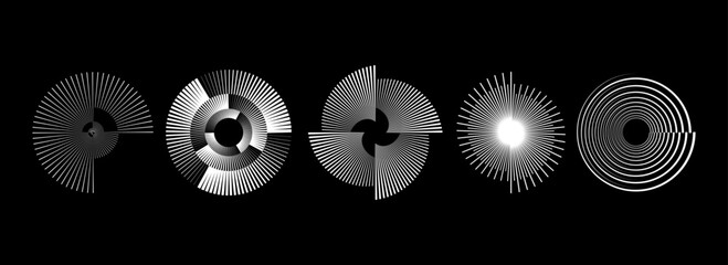 Poster - White radial spiral patterns set. Circular spinning speed line forms collection. Rotating circle sound waves concept. Abstract sunburst ray or beam elements for icon, badge, logo, tag, label. Vector