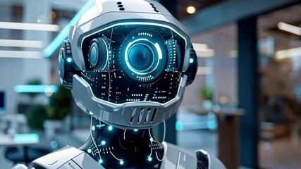 Poster - A sleek, futuristic robot with glowing blue lights is prominently displayed in a contemporary estate.