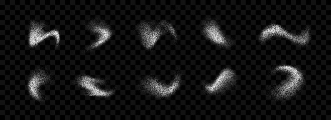 White powder splashes collection. Grunge grain spray texture set. Dotted curved smudged brush stains bundle. Sand noise splattered overlay pack. Abstract stippled fluid grain gradient shapes. Vector