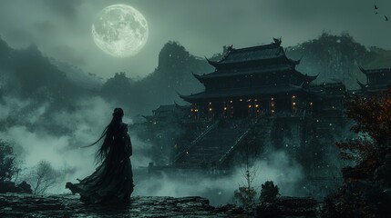 Wall Mural - Wolf Fairy, Midnight Scene, Chinese style Temple with a gloomy background 