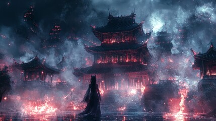 Wall Mural - Wolf Fairy, Midnight Scene, Chinese style Temple with a gloomy background 