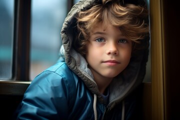 Wall Mural - Portrait of a cute little boy in a blue raincoat.