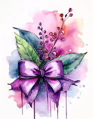 Wall Mural - A watercolor painting of a purple bow with green leaves and berries on a colorful background