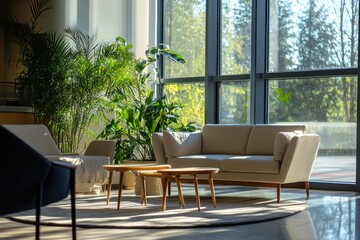 Wall Mural - Modern living room interior with large windows, comfortable furniture, and a green plant accent