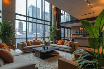 Wall Mural - Modern living room interior with large windows, comfortable furniture, and a green plant accent.