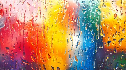 Fototapete - Vibrant rainbow colors behind glass with water droplets creating a dynamic look : Generative AI