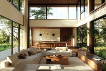 Wall Mural - Modern living room with stylish furniture, wooden accents, and large windows allowing natural light.