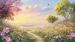 © gudangPIXEL - Serene sunrise over a colorful wildflower meadow with a path.