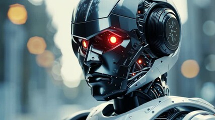 Aufkleber - An advanced AI robot with glowing red eyes stands against a backdrop of modern city lights. The sleek design and intricate details highlight the evolution of robotics in today's society.
