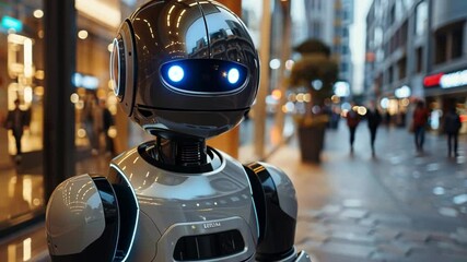 Aufkleber - A humanoid robot stands on a busy city street, surrounded by pedestrians and modern buildings. Its sleek design and glowing features highlight advancements in AI technology within the urban landscape.