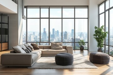 Wall Mural - Spacious Modern Living Room with City View