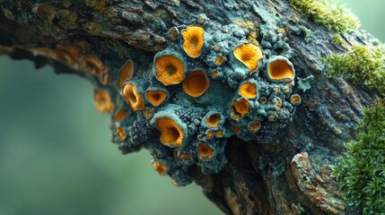 close-up of vibrant orange and blue lichen growing on a mossy tree branch.