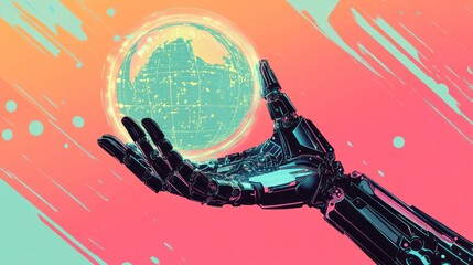 Wall Mural - Robotic hand gently holding glowing earth globe.