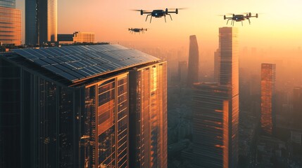 Drones fly over a modern city skyline at sunset, solar panels on a rooftop.