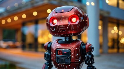 Aufkleber - A futuristic robotic assistant is positioned outside a sleek modern estate. Glowing red eyes and intricate designs highlight its advanced technology.