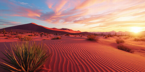 Wall Mural - dramatic desert landscape with towering sand dunes and vibrant sunset skies