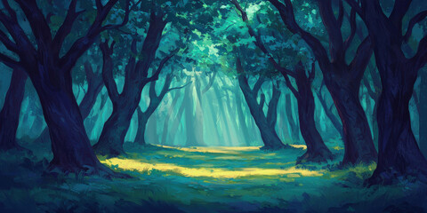 Wall Mural - mystical forest with towering ancient trees and sunlight streaming through canopy