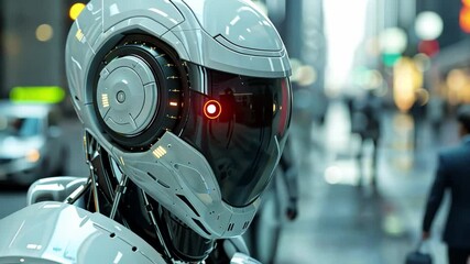 Poster - A sleek, futuristic robot stands in a bustling urban setting, reflecting advanced technology and artificial intelligence. The cityscape is alive with motion and energy.