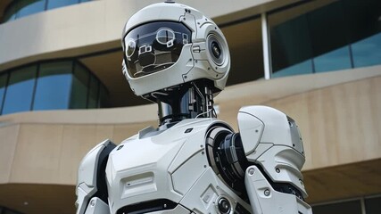 Poster - A humanoid robot stands outside a luxurious estate, reflecting advanced technology and innovation. The impressive structure features modern architecture with stylish elements and innovative design.