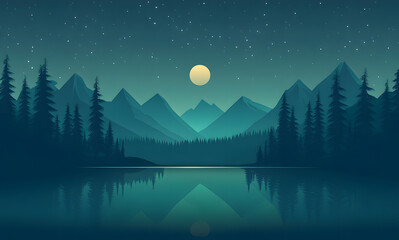 Wall Mural - a flat vector illustration of a night sky with stars, a forest, and mountains in the background, using simple shapes and a green-blue color palette, with low details and a flat design style.