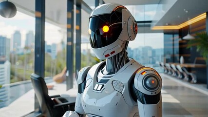 Poster - A sleek robot is positioned in a spacious modern estate featuring large glass walls that provide a stunning view of the city skyline. The interior is elegantly designed with contemporary furnishings.
