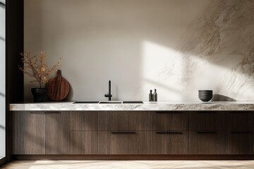 Wall Mural - Minimalist kitchen interior with dark wood cabinets marble countertops and natural lighting