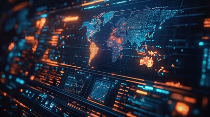 a digital interface on a dark background displays a global business network with a touch screen map 