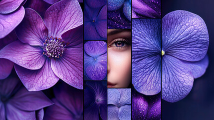 Poster - Exploration of beauty through purple flowers and a serene face in a captivating composition