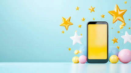 Leinwandbilder - Colorful smartphone with empty screen surrounded by playful stars and balloons on light blue background, mockup