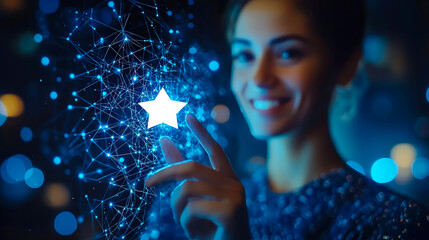 Poster - Woman interacting with glowing digital star in a dark environment filled with blue lights