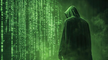 A mysterious hooded figure standing in front of binary code, symbolizing hacker culture and digital security