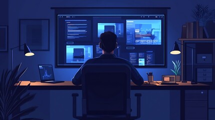 Focused programmer working late at night in a modern home office, surrounded by various open applications on a large screen.