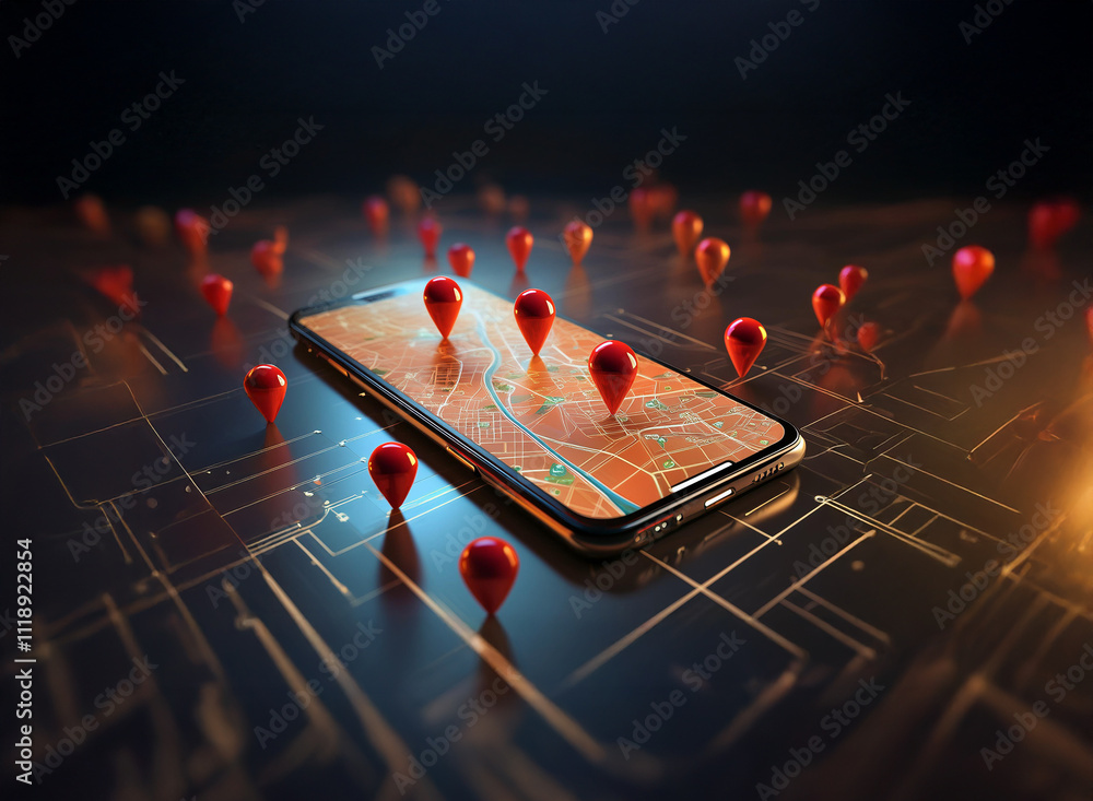 A smartphone displays a map with numerous red location markers ...
