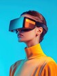 © Johannes - augmented reality, science, technology and people concept - beautiful woman in futuristic 3d glasses with virtual screens projection over blue background