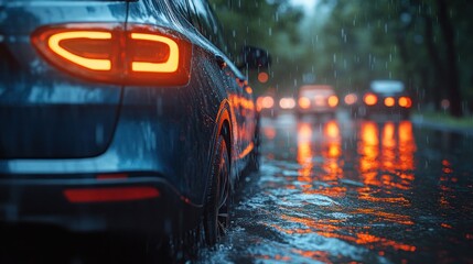 Poster - Car driving in heavy rain at night.