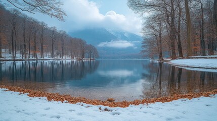 Poster - Calm winter lake reflecting mountains and trees.