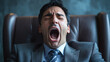 © Infinity Lens - Exhausted businessman yawning office, weary tired work job employee, drained bored sleepy lazy business, overworked fatigued stressed, burnout exhausting corporate.