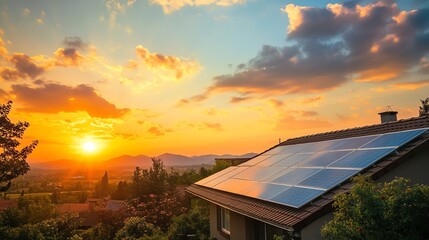 A rooftop solar panel array reflecting the setting sun.
