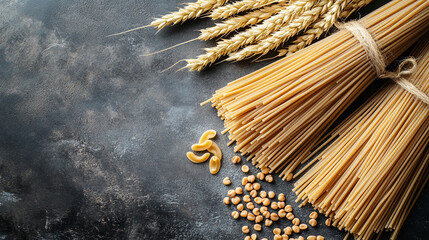 Wall Mural - Wholesome spaghetti whole wheat brown, nutritious whole grain copy space plate, healthful vegetarian delicious top view meal, organic fresh homemade, traditional gourmet tasty.