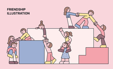Wall Mural - friends are helping each other up the stairs. they are holding hands and lifting each other up on th