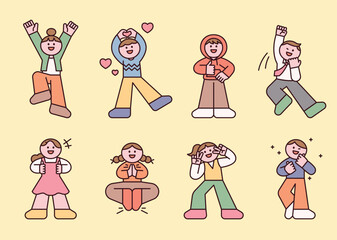 Wall Mural - cute people cheering with their whole bodies. gestures like hand hearts and thumbs up. outline simpl