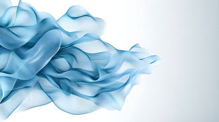 Wall Mural - translucent fabric in a light blue color flying all over the scene, creating a dynamic and ethereal effect. The background is minimalistic, with a white-to-light gradient 