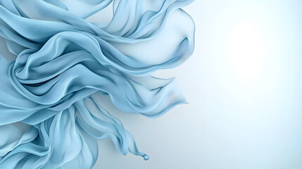 Wall Mural - translucent fabric in a light blue color flying all over the scene, creating a dynamic and ethereal effect. The background is minimalistic, with a white-to-light gradient 