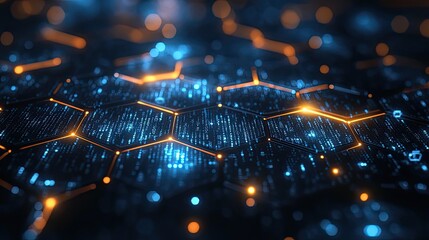 An abstract digital technology background with glowing blue hexagons and binary code, symbolizing global network connectivity