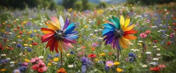 beautifully crafted pinwheel with multicolored feathers dancing amidst a colorful array of blooming 