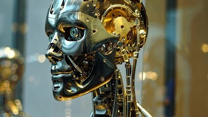 Poster - This captivating display highlights a highly detailed robotic figure made of shiny metal and intricate mechanical components, showcasing modern technology and innovation.