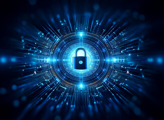 Wall Mural - a glowing blue digital padlock at the center of a circular technological interface, radiating energy