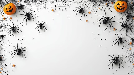 Black spider web with hanging spiders, placed on a white background, perfect for a Halloween border or frame design