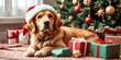 © Chalermrach - Golden retriever dog wearing santa hat sitting next to christmas presents and tree, gifts, furry