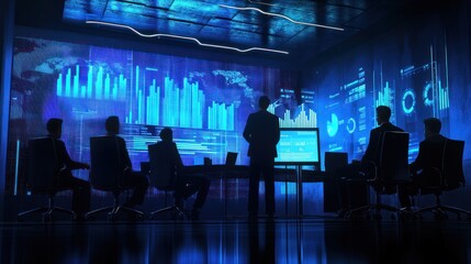 Wall Mural - business team meeting in a modern tech control room analyzing data on large screens.
